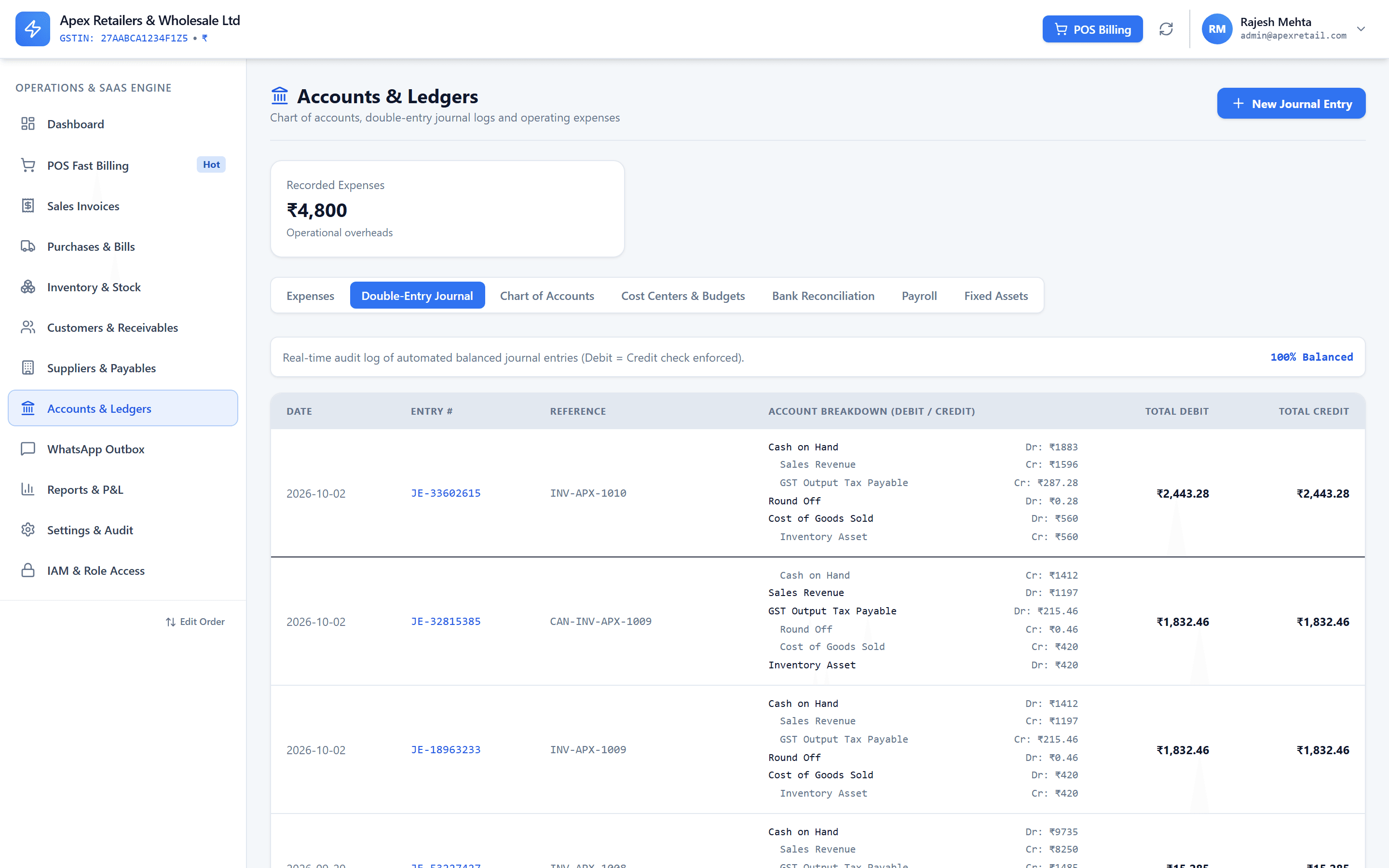 HisabNest accounts and ledgers module with chart of accounts and double-entry journal