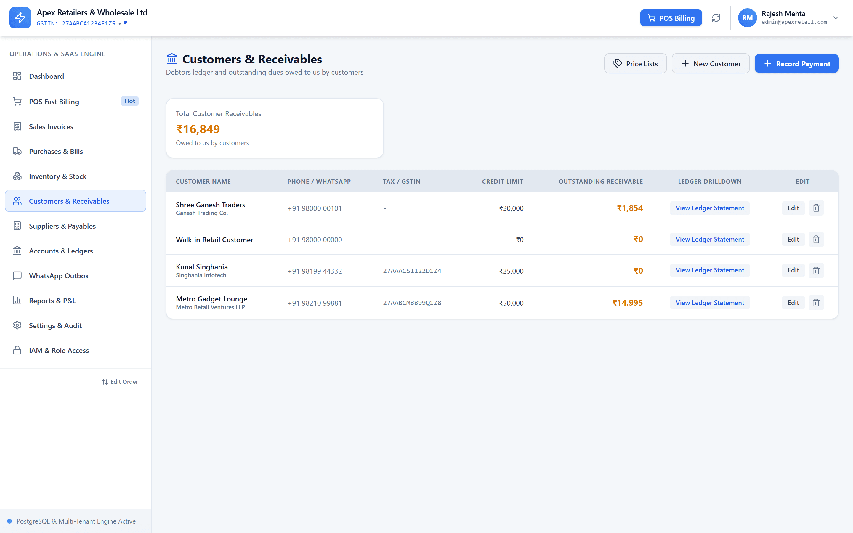 HisabNest customers and receivables screen with outstanding balances and ledger drilldown