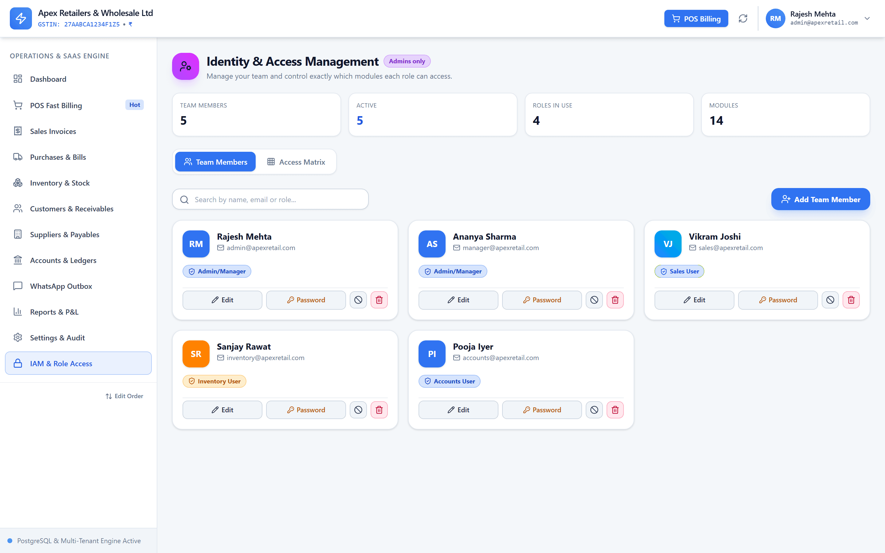 HisabNest identity and access management screen showing team members, roles and the editable permission matrix