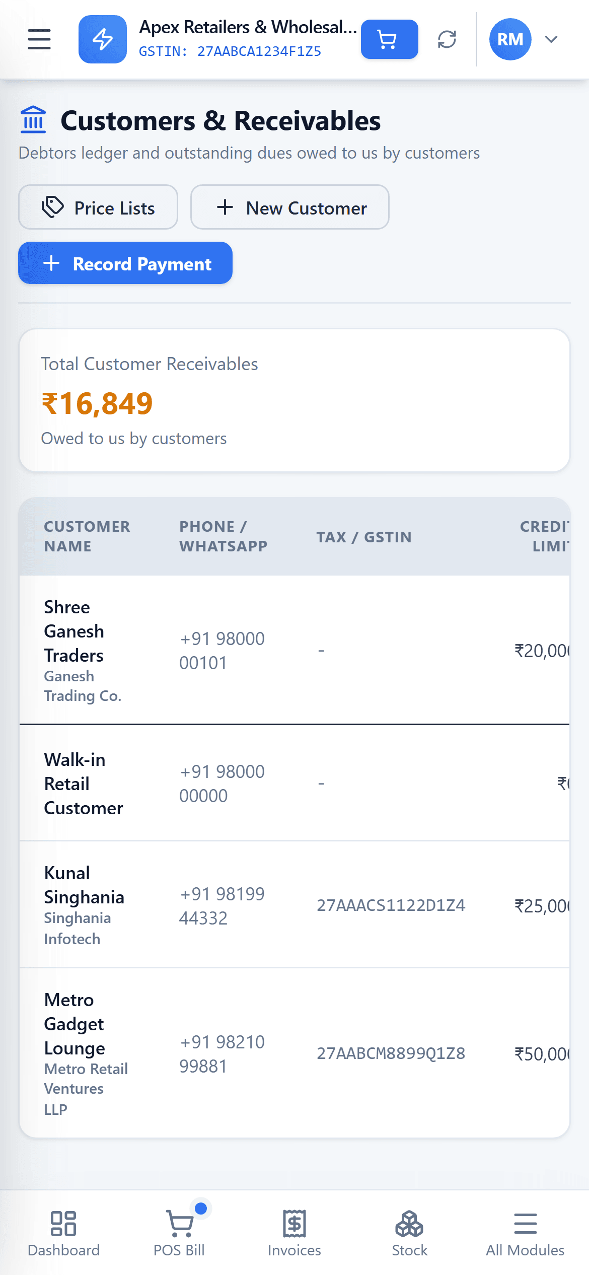 HisabNest customers and receivables screen with outstanding balances and ledger drilldown, on a phone