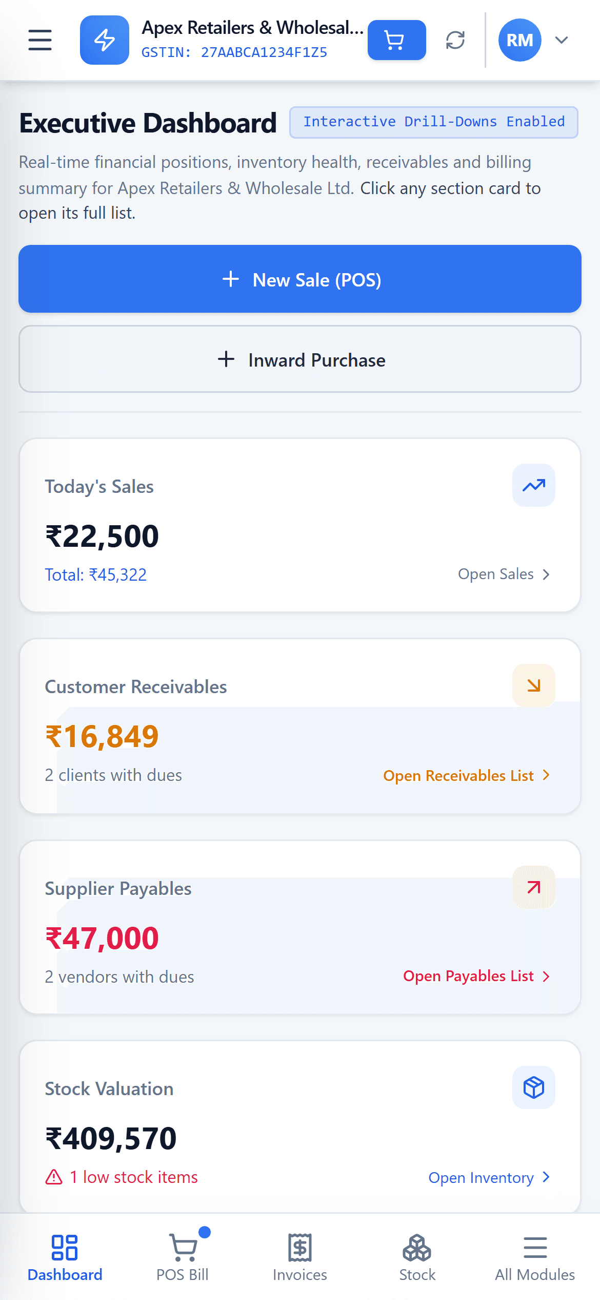 HisabNest dashboard on a phone, showing today's sales, receivables and payables