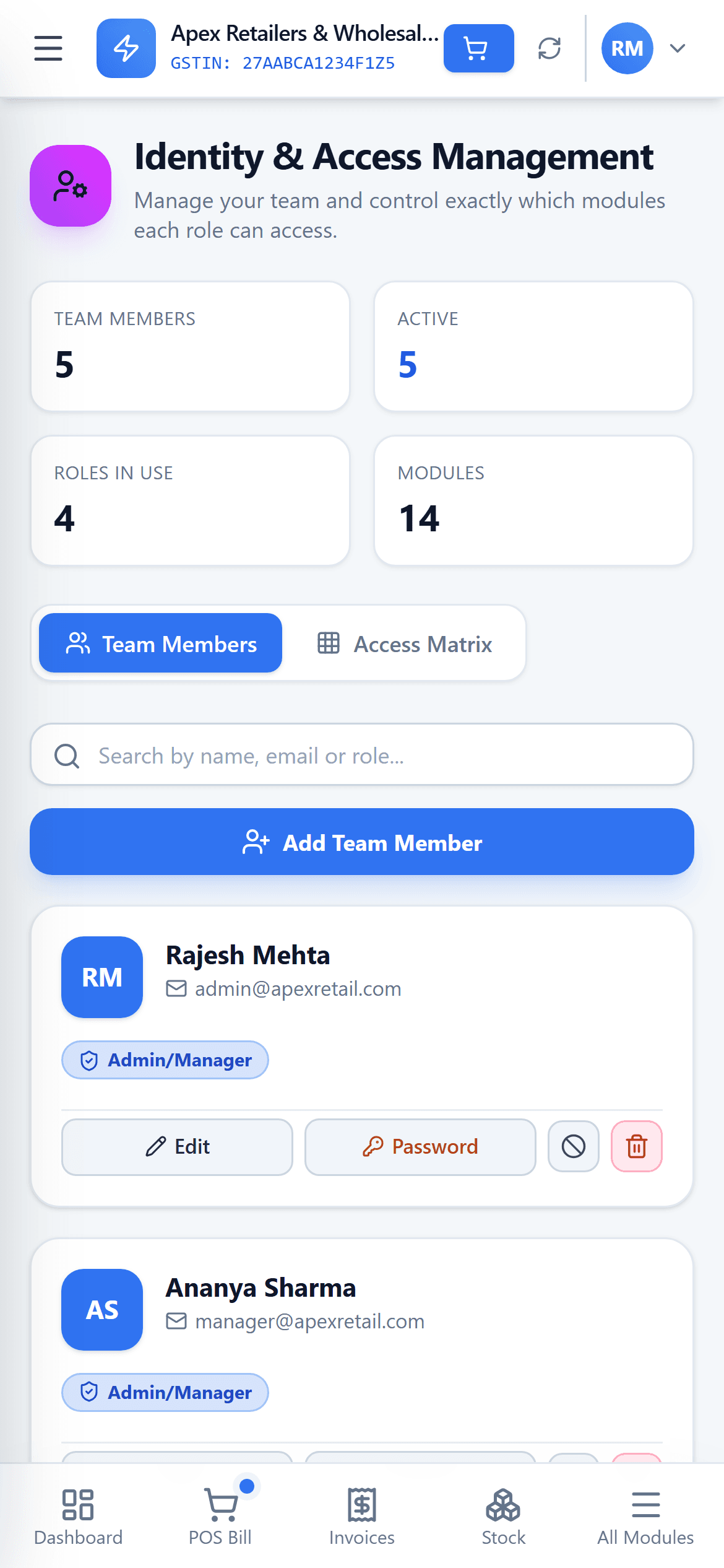 HisabNest identity and access management screen showing team members, roles and the editable permission matrix, on a phone