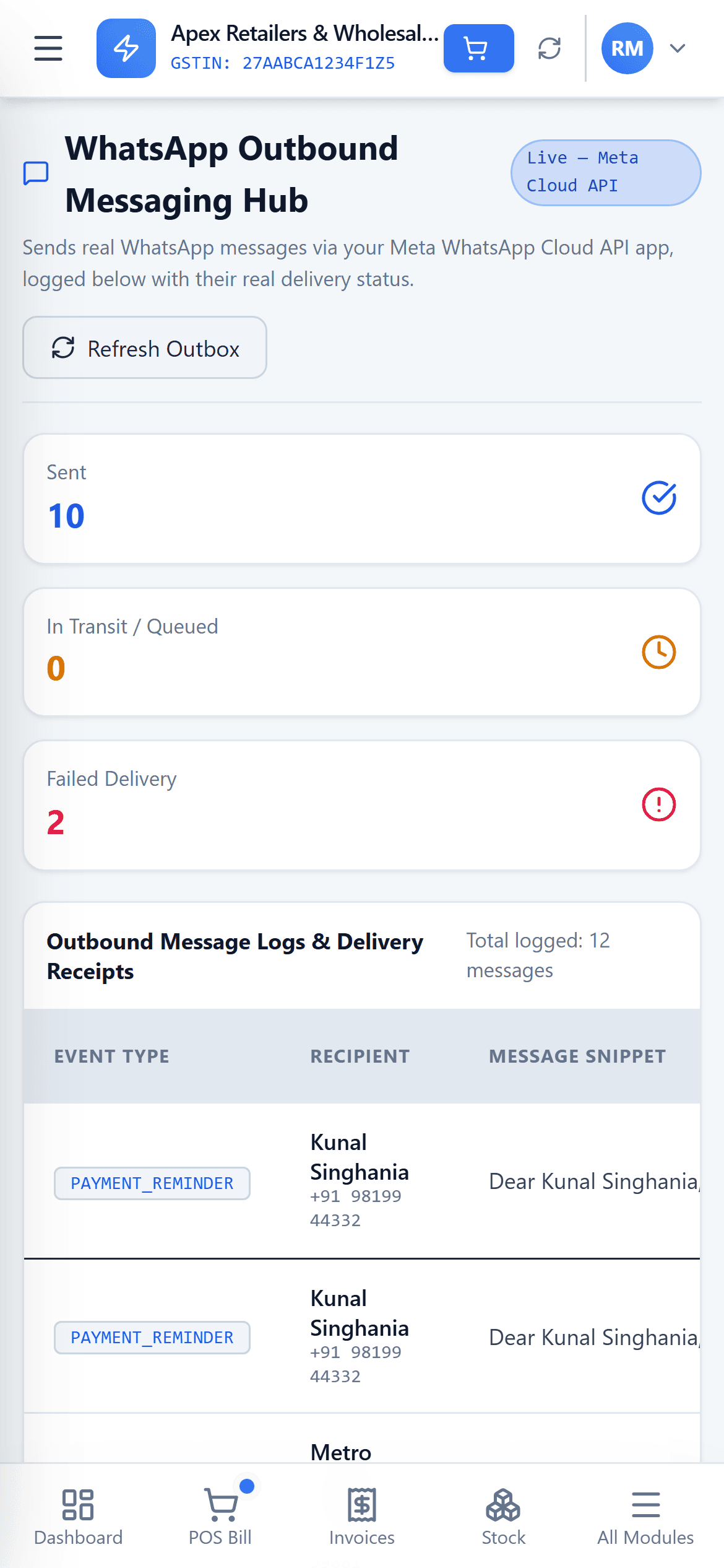 HisabNest WhatsApp outbox showing dispatched invoice messages and delivery receipts, on a phone